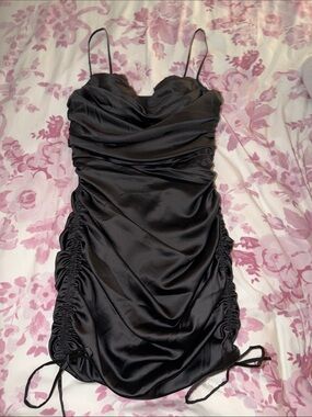 Oh Polly Black Ruched Satin Mini Dress - Women's Elegant Evening Dress